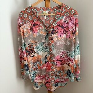 Fig & Flower Anthropologie Large Floral Bohemian Print Sheer Button Down Blouse